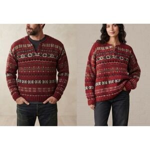 American Portrait Fair Isle Sweater Unisex Small Red Wool Blend Henley Knit USA